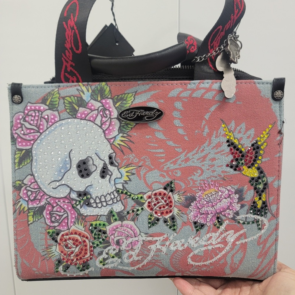 NWT Ed Hardy Womens Denim Skull Roses Rhinestones Tote Crossbody Bag Charms